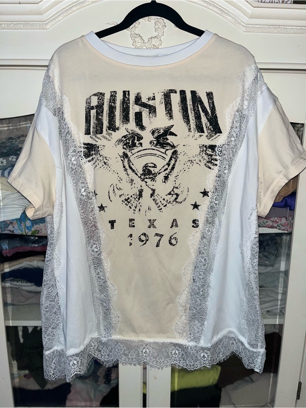 NWT Size S/M BLUE VELVET mixed- media Lace Graphic Tee